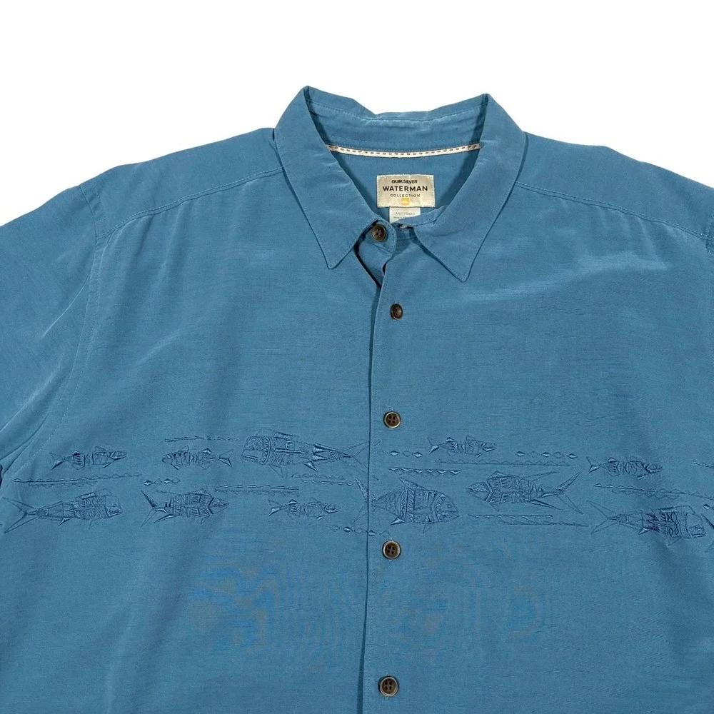 Quiksilver Waterman Shirt Mens XXL‎ Embroidered Blue Water Fish Short Sleeve